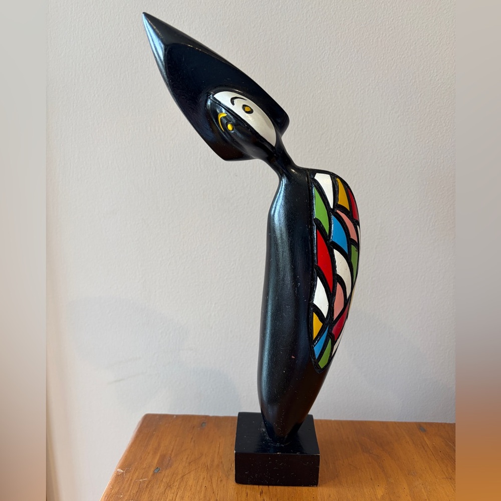 Frank Coronado Black Sculpture with Multicolor Accents. Monogrammed&plaque. 12”H